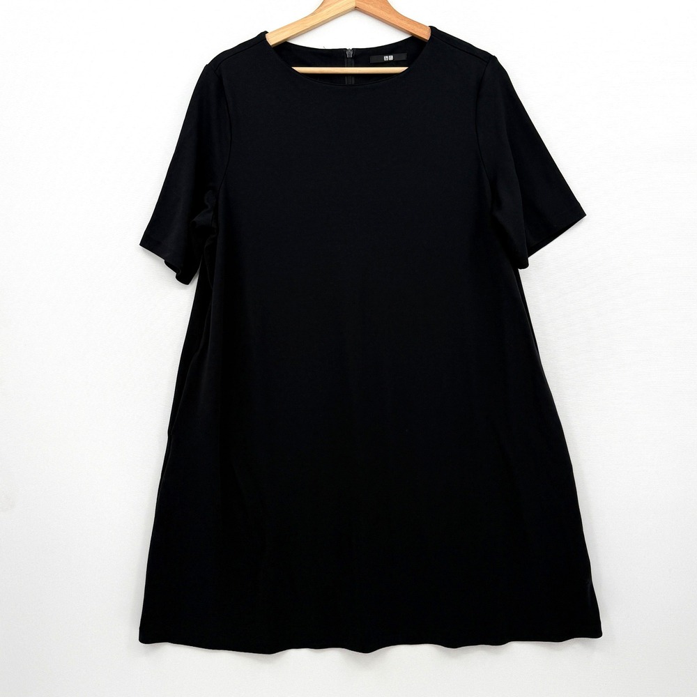 Uniqlo Shift Dress Womens XL Black Short Sleeve Pockets Crew Neck A-Line Minimal